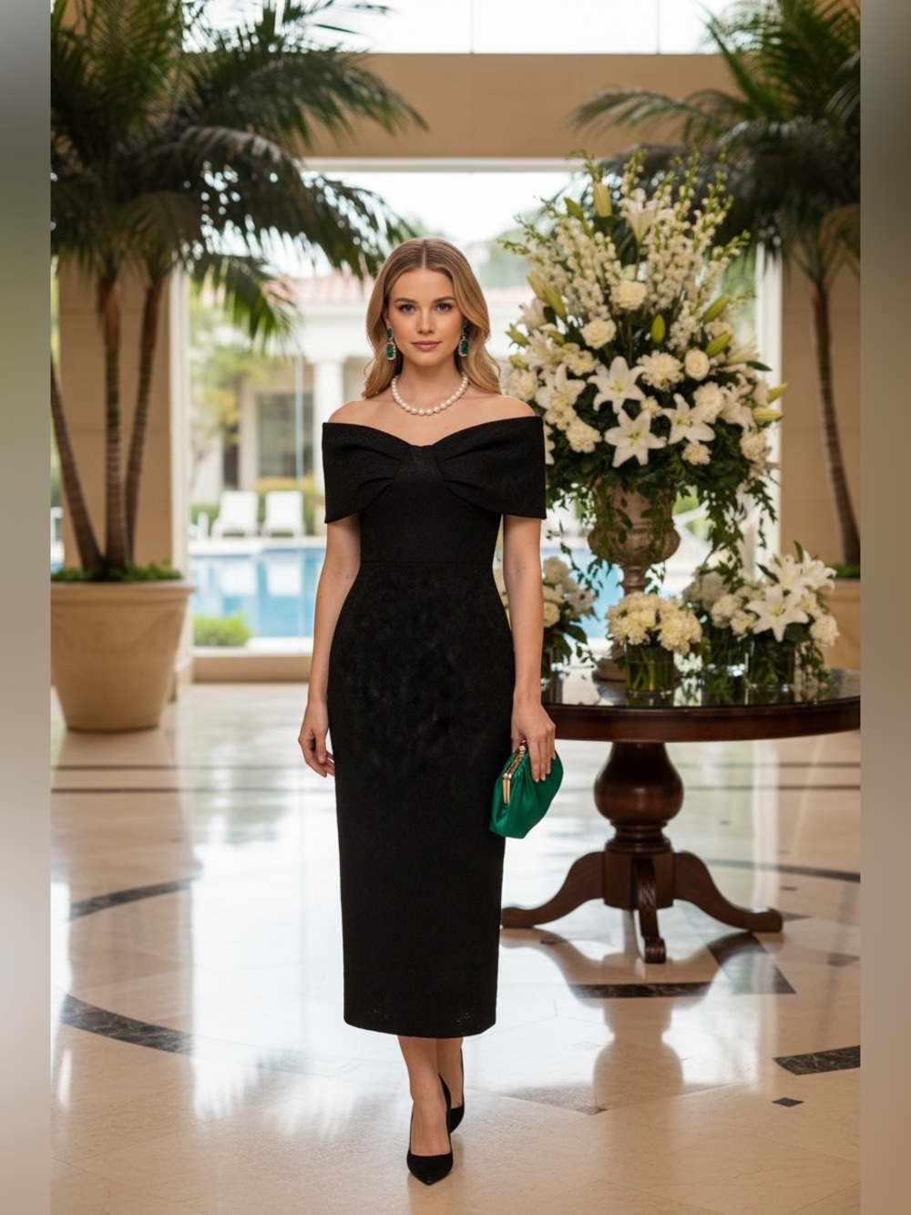 NWT BETSY & ADAM 8P Black Off Shoulder Jacquard Midi Dress Petite Formal $268